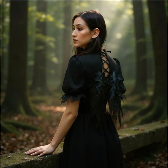 Angel Wing Doll Mini Dress Black Gothic Lace Up Back Puff Sleeve Elegant Alt S - Picture 2 of 8